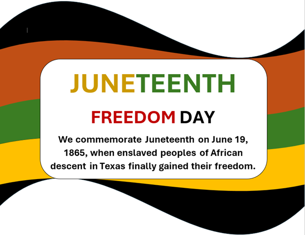 Juneteenth Freedom Day Juneteenth Freedom Day text on a flag with black, red, green, yellow, and black stripes.