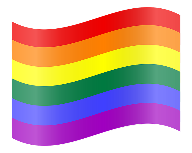 Rainbow flag with six stripes: red (life), orange (healing), yellow (sunlight), green (nature), blue (serenity), and violet (spirit)
